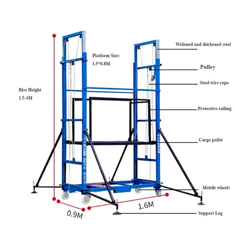 Heavy Duty Electric Lift Cart Rugged Foldable Work Deck With Wireless Clicker Remote Auto Scaffold Lifter Built Tough For Jobsite Hustle Handles Five Hundred Kilogram Loads Up To Three Point Five Meters High showing platform size and height.