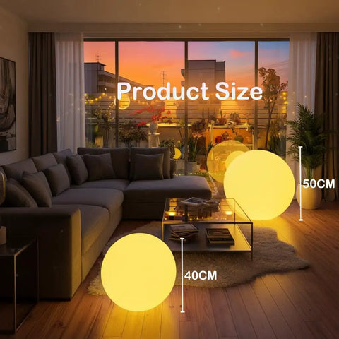 16 Inch Rechargeable LED Globe Light With Remote illuminating living room, showcasing 16 RGB Color Changing Orbs.