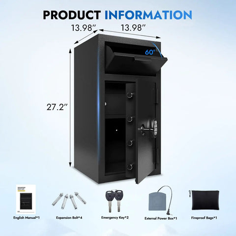 Heavy Duty Front Drop Safe Box Built To Last Fireproof Waterproof For Home And Office with accessories displayed