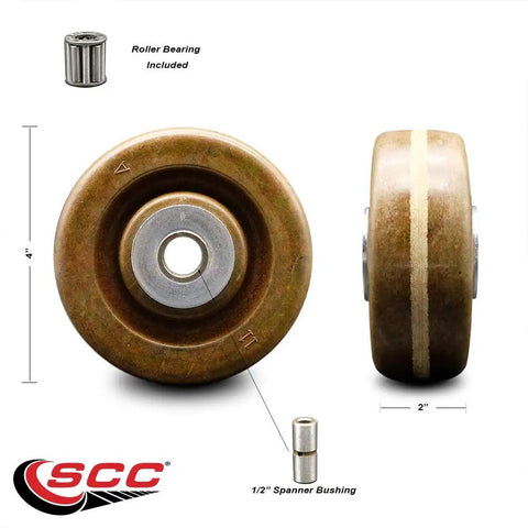 Heavy Duty Four Inch High Temperature Phenolic Wheel With Roller Bearing Half Inch Bore And Eight Hundred Pound Load Capacity For Industrial Carts Slick Smooth Operation Built Different For Heavy Lifting Straight Up