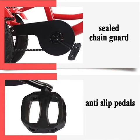 Close-up of sealed chain guard and anti-slip pedals on Three Wheel Kid Friendly Tricycle With Pneumatic Rubber Tires Pedals Single Brake Height Adjustable Saddle And Handlebar Cruiser Trike With Large Front Basket Durable Steel Frame Red 12 Inch.