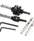 Hole saw arbor set by JIECHENG, top-down view with 1/4" hex quick-change arbors, two Allen wrenches, and three drill bits