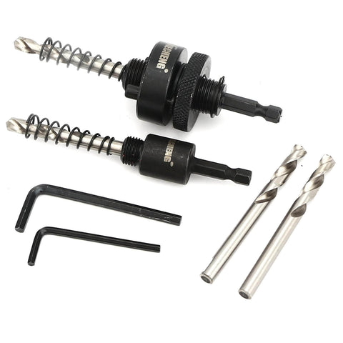 Hole saw arbor set by JIECHENG, top-down view with 1/4" hex quick-change arbors, two Allen wrenches, and three drill bits