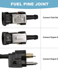 Image of Six Millimeter Marine Fuel Line Connector Kit For Dockside Boat Lines With Male And Female Fittings Fits One Quarter Inch Hose Built For Outboard Motors And Fuel Tanks Three Piece Set showing connectors for tank and engine sides.