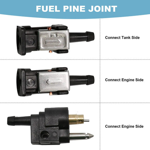 Image of Six Millimeter Marine Fuel Line Connector Kit For Dockside Boat Lines With Male And Female Fittings Fits One Quarter Inch Hose Built For Outboard Motors And Fuel Tanks Three Piece Set showing connectors for tank and engine sides.