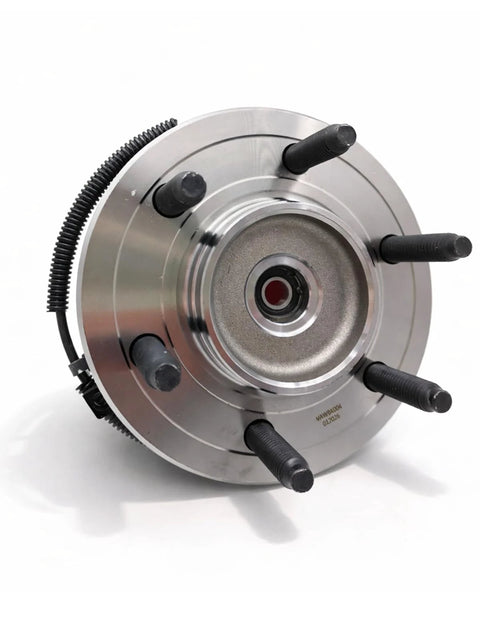 Front Wheel Bearing Hub Assembly 6 Lug 4WD For Ford F-150 Expedition Lincoln Navigator 2011-2014 With ABS Sensor Replacement Part Direct Fit Built To Last Easy Install, shown at an angle with visible lug bolts and ABS sensor wire