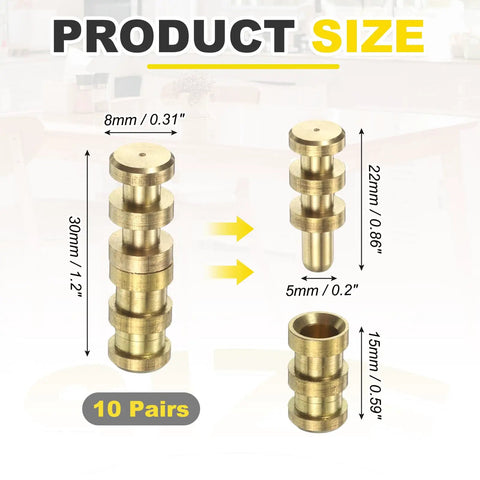 Genuine Brass Table Leaf Dowel Pins 10 Pack Solid Bolt Sleeve Connectors For Furniture Fixes with size details on image.