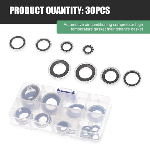 30 Piece Heavy Duty Air Conditioning Compressor Port Seal Washers Universal O Ring Gasket Kit For Cars And Trucks displayed in a clear organizer.