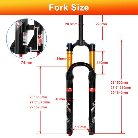 Air Suspension Front Fork For MTB 26 27.5 29 Inch With Upgraded 34mm Stanchions, 140mm Travel, labeled dimensions