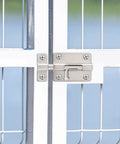 Heavy Duty Door Slide Latch Lock With 3 Inch Barrel Bolt In Brushed Nickel Finish For Privacy And Security Solid Steel Construction Easy Install Includes 6 Screws For Bedroom Bathroom And Closet Doors No Fuss Lock It Down mounted on a white gate.