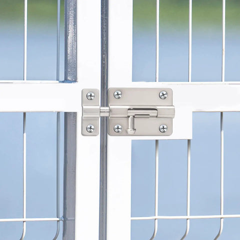 Heavy Duty Door Slide Latch Lock With 3 Inch Barrel Bolt In Brushed Nickel Finish For Privacy And Security Solid Steel Construction Easy Install Includes 6 Screws For Bedroom Bathroom And Closet Doors No Fuss Lock It Down mounted on a white gate.