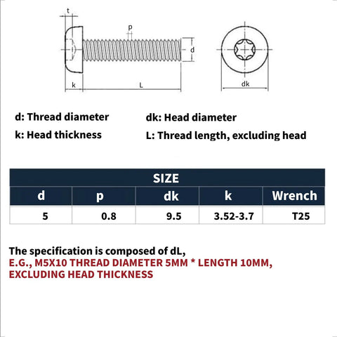 Technical diagram of Eight Pack Black License Plate Screws For Tesla Model 3 Model Y And BMW Designed With M5 0.8 By 10mm T25