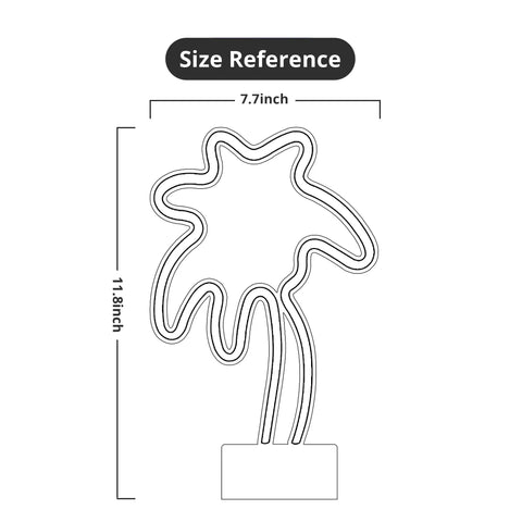 Size diagram of Palm Tree Neon Light With Stand For Bedroom And Game Room In Green And Yellow Colors Battery Or USB Powered Coconut Trees Sign