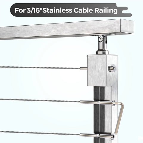 T316 Stainless Steel Invisible Cable Railing Kit With 3/16 Inch Cables And Swage Stud End Fittings For 2X2 Wood Or Metal Posts showing installation on a post.