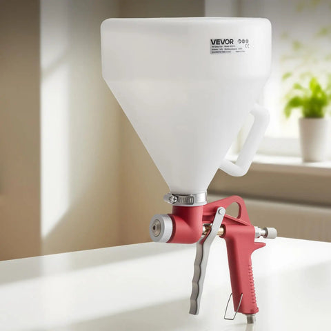 Professional Air Texture Spray Gun With 1.45 Gallon Hopper And Swappable Nozzles for drywall texturing, featuring a red handle and white hopper.