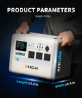Person holding 1024Wh LiFePO4 Portable Power Station With 1650W Continuous Power, displaying its dimensions and features.
