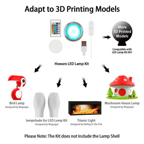 3D Printer LED Lamp Kit 001 with remote, RGB color, USB powered 5V, compatible with Bambu Lab models and MakerWorld bundle.