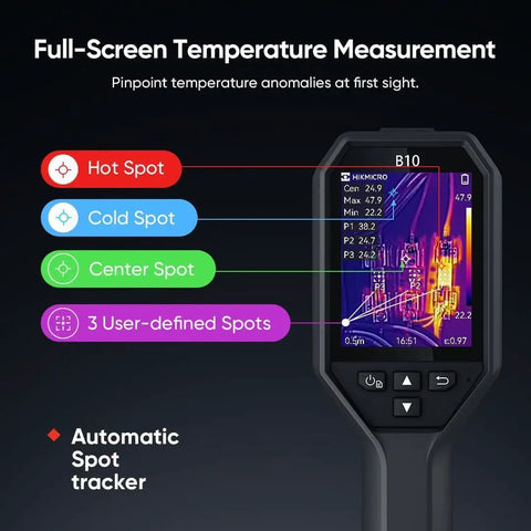 B10 Pro Grade Thermal Imaging Camera with 320 by 240 Super IR Resolution and 3.2-inch LCD displaying temperature measurement.