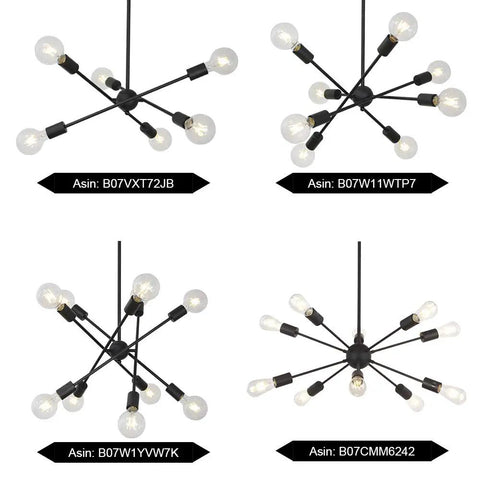 Four views of Sputnik 8 Light Dope Vintage Industrial Ceiling Light Semi Flush Mount Pendant for kitchen or dining, black finish