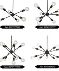 10 Light Black Sputnik Chandelier Pendant Lighting For Living Room Dining Room Kitchen Modern Retro Mid Century Semi Flush Mount Ceiling Light Fixture With Adjustable Stem And Sloped Ceiling Adapter, shown in multiple angles.