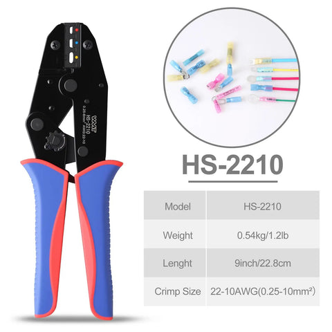 Heavy Duty Ratcheting Terminal Crimper For AWG 22 To 10 Gauge Wire Built Tough With Precision Steel Jaws next to various wire connectors.