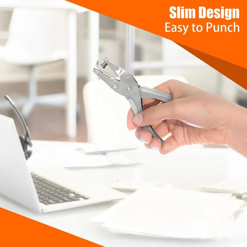 Hand holding 12 Pack Single Hole Puncher Set, 8 Sheet Capacity One Quarter Inch Circle Paper Punch for Crafts and Office, shiny silver.
