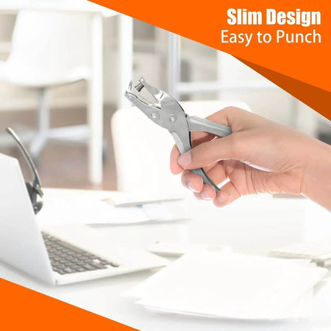 Person holding Six Pack Single Hole Puncher Set In Shiny Silver, 8 Sheet Capacity Each, One Quarter Inch Circle Paper Punch For Crafts And School