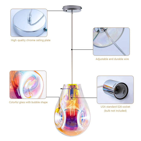 Colorful Bubble Glass Island Pendant Light 1 Light for Kitchen and Dining with chrome plate and bubble shape details