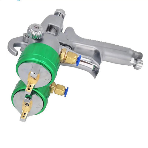 Professional Pneumatic Paint Sprayer Featuring Dual Nozzle Spray Gun Plus Precision Point Three Millimeter Tip showing green and silver design for automotive work.