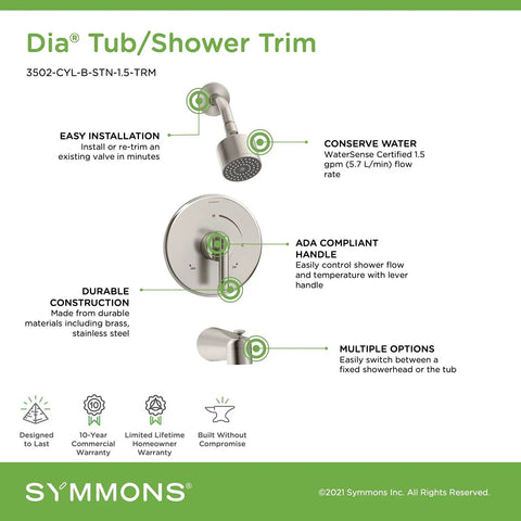 Diagram of Single Handle Satin Nickel Tub And Shower Faucet Trim With 1 Spray Showerhead 1.5 GPM Flow Durable Brass Lever