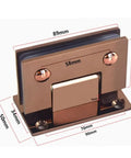 Heavy Duty Glass Door Hinge With 90 Degree Clamp, Stainless Steel Clip For 8-12 mm Toughened Glass, Rose Gold, front view with dimensions.