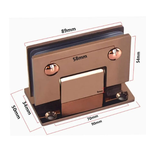 Heavy Duty Glass Door Hinge With 90 Degree Clamp, Stainless Steel Clip For 8-12 mm Toughened Glass, Rose Gold, front view with dimensions.