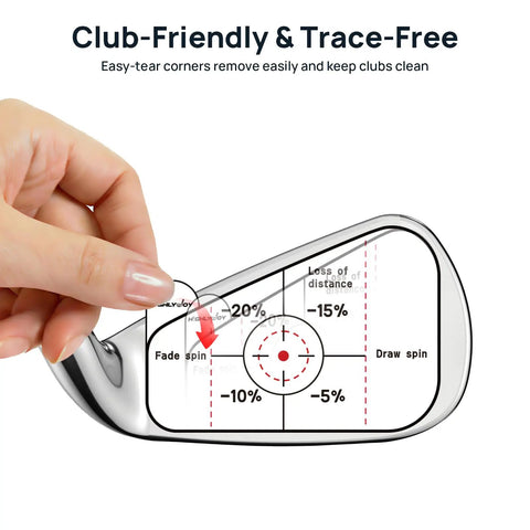 Left Handed Golf Impact Tape For All Clubs High Resolution Swing Analysis Sticker being applied to golf club face