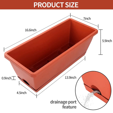 7 Pack Window Box Planters, 17 Inch Rectangular Plastic Flower Pots With Saucers For Indoor Outdoor Garden, drainage port feature shown.