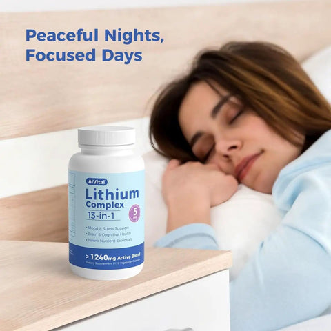 Lithium Orotate 5mg 13 In 1 Daily Balance Supplement With Magnesium Glycinate L Theanine And DHA For Focus Clarity Calm Energy Vegan Gluten Free Non GMO 120 Capsules on nightstand next to sleeping woman