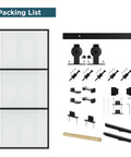 30 X 84 Inch Metal And Glass Sliding Barn Door With Installation Hardware Kit And Soft Close, disassembled view