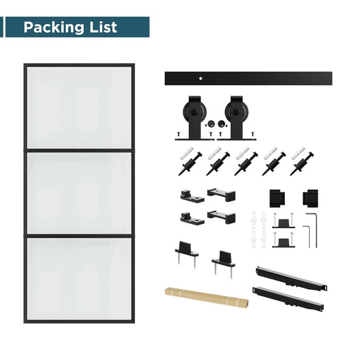 30 X 84 Inch Metal And Glass Sliding Barn Door With Installation Hardware Kit And Soft Close, disassembled view