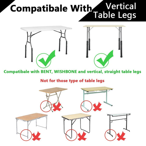 Heavy Duty Folding Table Leg Extenders Pack Of Four compatibility guide, showing suitable straight and bent table legs.