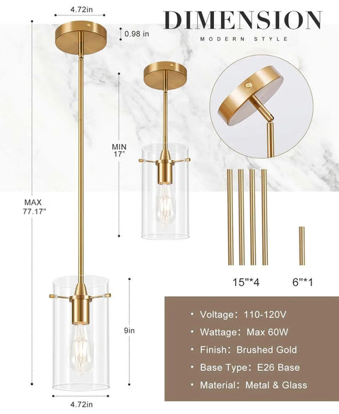 FONTA VERDE Pendant Light, Brushed Gold Pendant Light for Kitchen Island with height adjustable rods and glass shade.