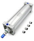 Pneumatic Air Cylinder 3.94 Inch Bore, 17.71 Inch Stroke, Double Acting Single Rod, M20X1.5 Threaded Rod, with 4 Push-In Fittings