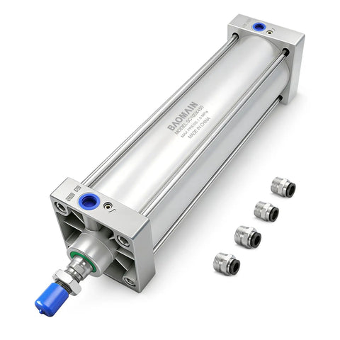Pneumatic Air Cylinder 3.94 Inch Bore, 17.71 Inch Stroke, Double Acting Single Rod, M20X1.5 Threaded Rod, with 4 Push-In Fittings