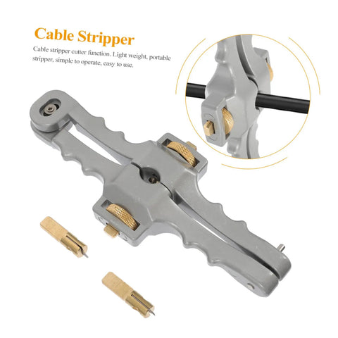 Smooth Operator Adjustable Wire Stripper And Fiber Optic Cable Cutting Tool showing gray ergonomic design with brass adjustments.
