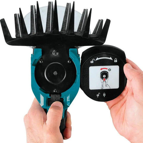 Close-up of 18V LXT Cordless Grass Shear With Hedge Trimmer Blade showing quick blade change feature, tool only, renewed.