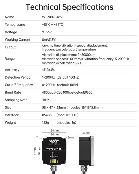 Beefed Up IP68 3 Axis Vibration Sensor With RS485 Modbus RTU technical specifications and dimensions