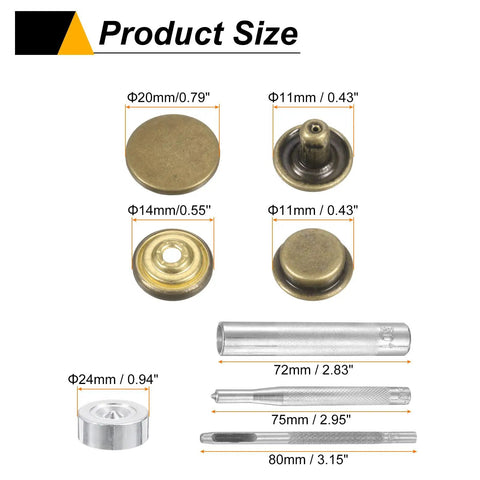 Rugged As Heck Brass Snap Button Fastener Kit For Leather And Canvas Gear 24 Pack Of 20Mm Bronze Press Studs With Easy Grip Hand Tools showing sizes.