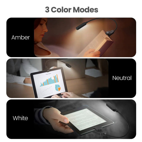 Clip On Rechargeable Book Light Set 2 Pack For Bedtime Or Late Night Reading LED Reading Lights With Adjustable Brightness shown in three color modes