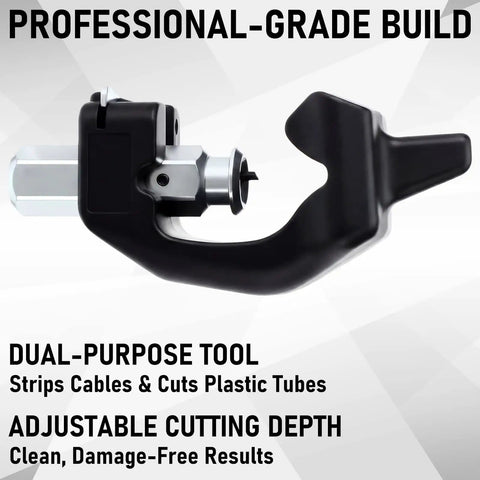 Cable Stripper With Adjustable Blade Depth For 6 To 28 mm Wires, alloy steel blades, black handle, professional-grade build.