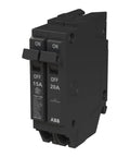 Straight Shooter Tandem Circuit Breaker for Load Centers Featuring 15 and 20 Amp Slots with 10 Kaic Ratings, side view.
