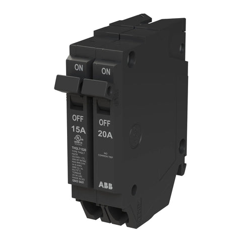 Straight Shooter Tandem Circuit Breaker for Load Centers Featuring 15 and 20 Amp Slots with 10 Kaic Ratings, side view.