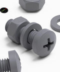 Top Shelf M6 X 20 Millimeter Polypropylene Cross Pan Head Bolts Kit with corrosion resistant nuts and washers in dark gray.